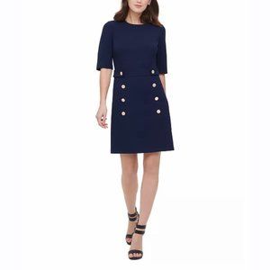 DKNY Navy Blue Gold Button Embellished Elbow Sleeve Sheath Dress